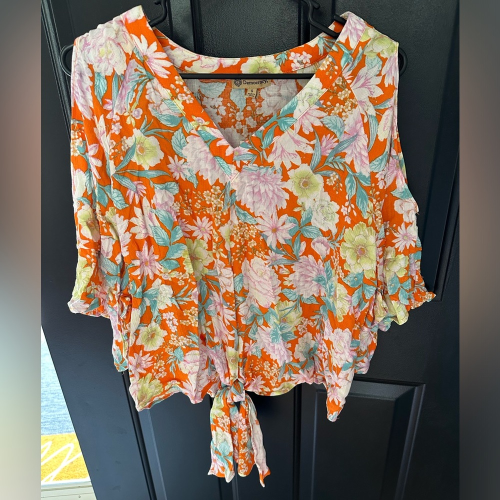 Orange V-Neck Floral Shirt